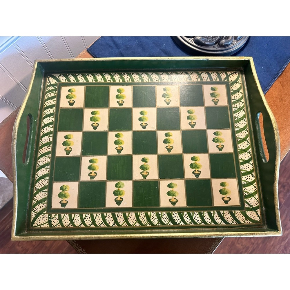 Vintage Foreside Folk Art Serving Tray Hand Painted Checkerboard 17"